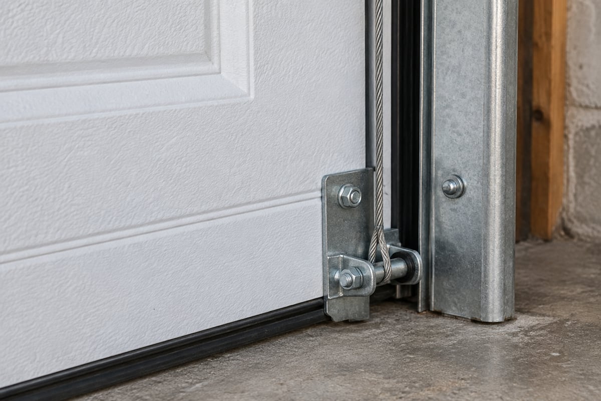Steel lift cable attached to the bottom corner bracket of a closed garage door