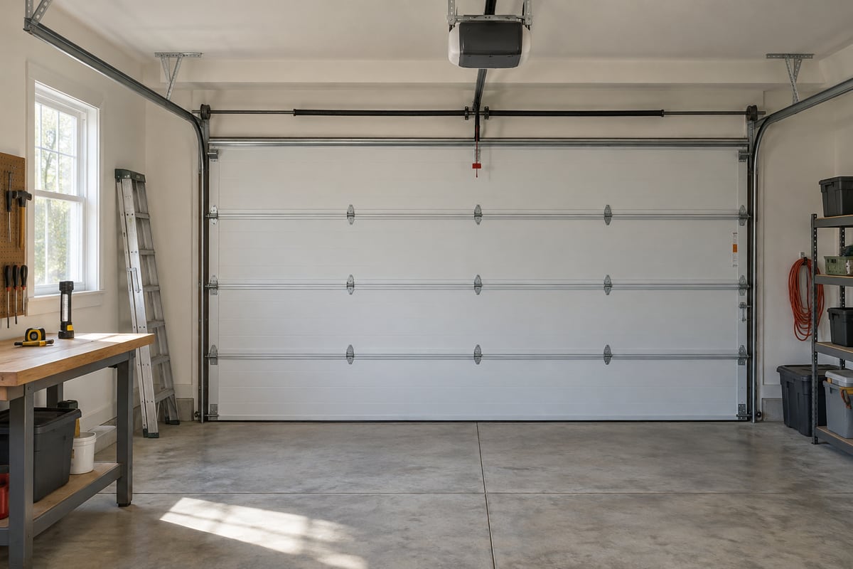 Closed garage door and equipment ready for a condition review